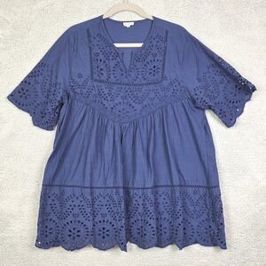 Kings Road Blouse Womens‎ Large Blue Babydoll Eyelet Tunic Boho Embroidered Top